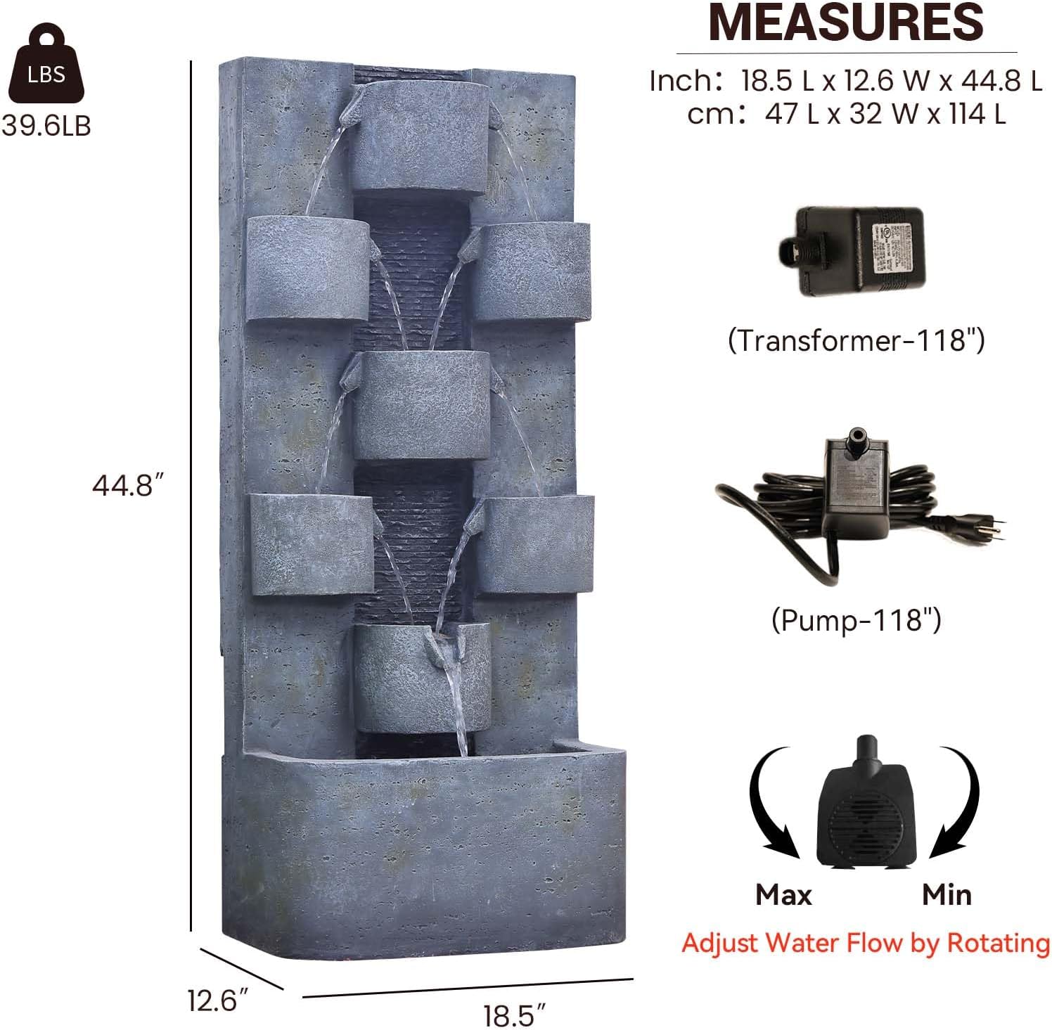 Bumilgar 44.8' H Modern Outdoor Water Fountain with LED Lights and Pump, Mutiply-Tier Standing Cascading Waterfall - Modern Design for Garden,Patio,Yard, Multi-Level Outdoor Decor (Gray)