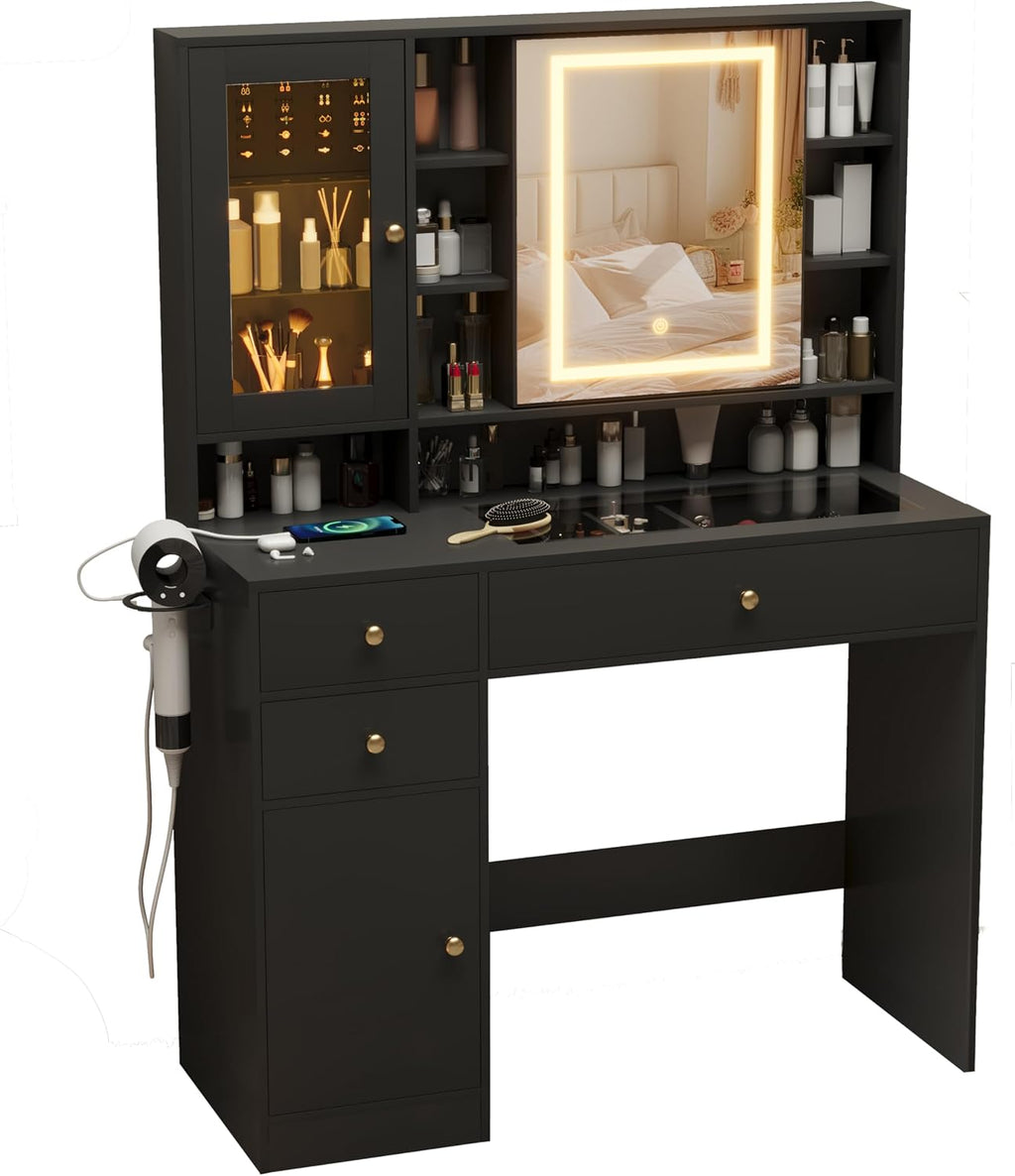 Wodeer Makeup Vanity Desk with Mirror and Lights, Black Vanity with Glass Top, Jewelry Storage, Power Outlets, 3 Drawers & 2 Cabinets, Adjustable LED Lighting, Dressing Table for Women & Girls Bedroom