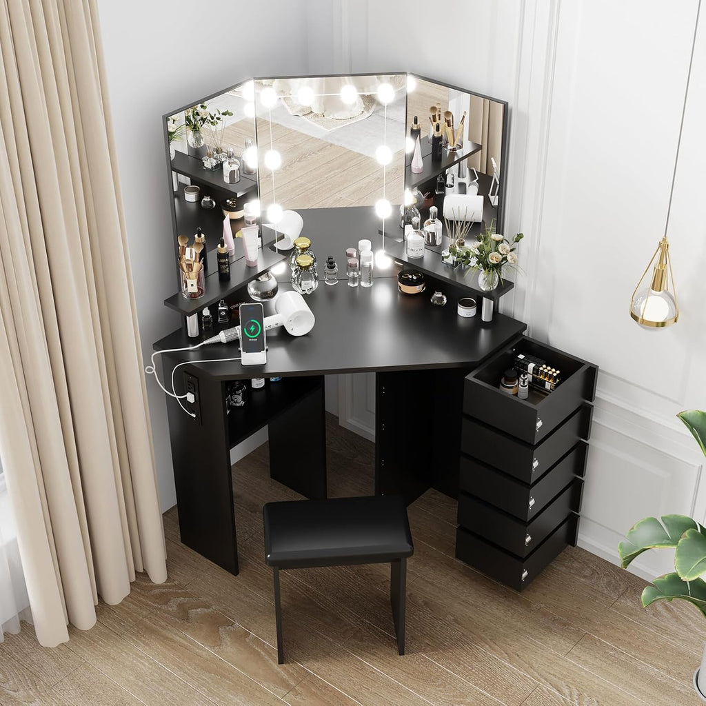 Makeup Vanity Desk with Lights & Power Outlet, Corner Vanity Table with 5 Rotating Drawers,3 Color Lighting, Brightness Adjustable, Shelves and Stool, Dressing Table for Women Girls