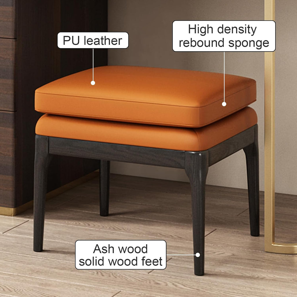 Lartis Vanity Bench, Dressing Stool, Makeup Stool, Dressing Bench, Cosmetic Stool for Bathroom or Bedroom, White Ash Wood, Orange PU