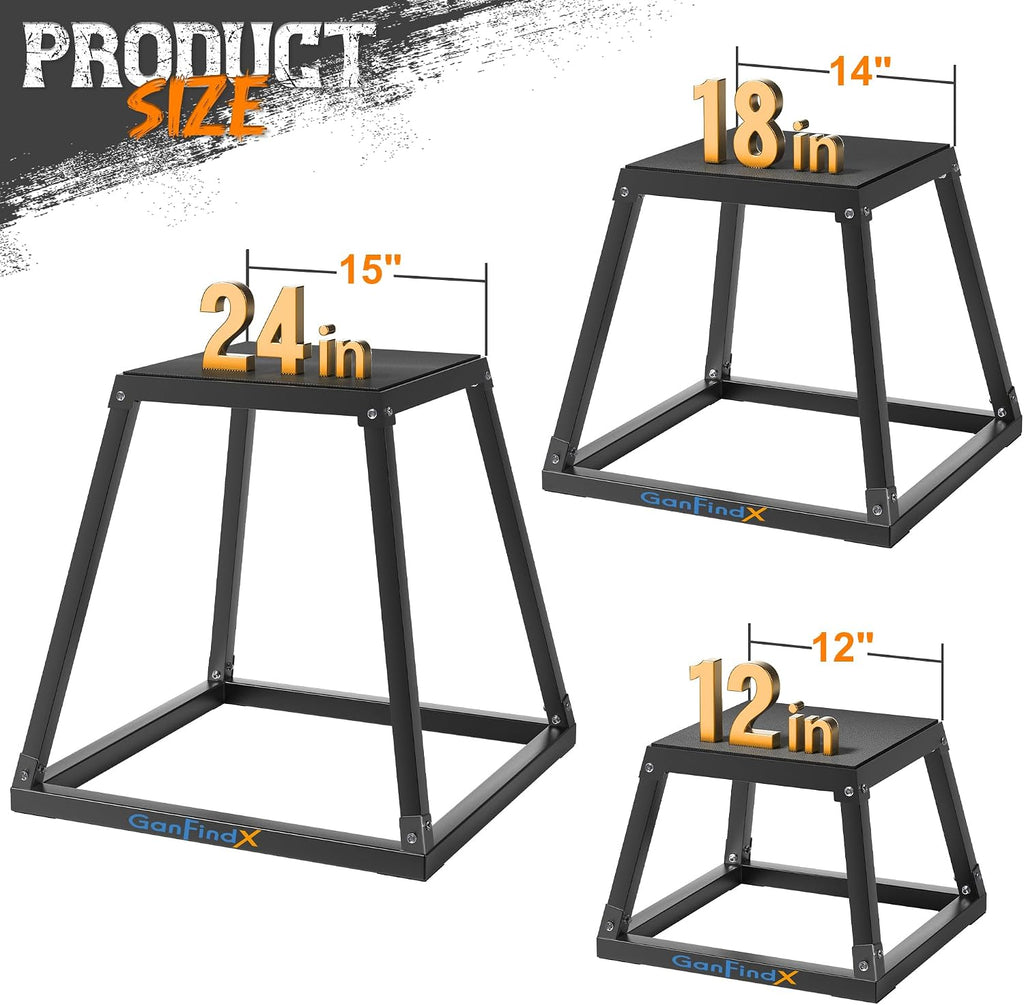 GanFindX Plyometric Jump Box Set, 12/18/24 Inch Steel Plyo Box, Heavy Duty Plyometric Platform with Anti Slip Surface, Fitness Exercise Step Up Box for Home Gym Training, Agility and Strength Conditioning