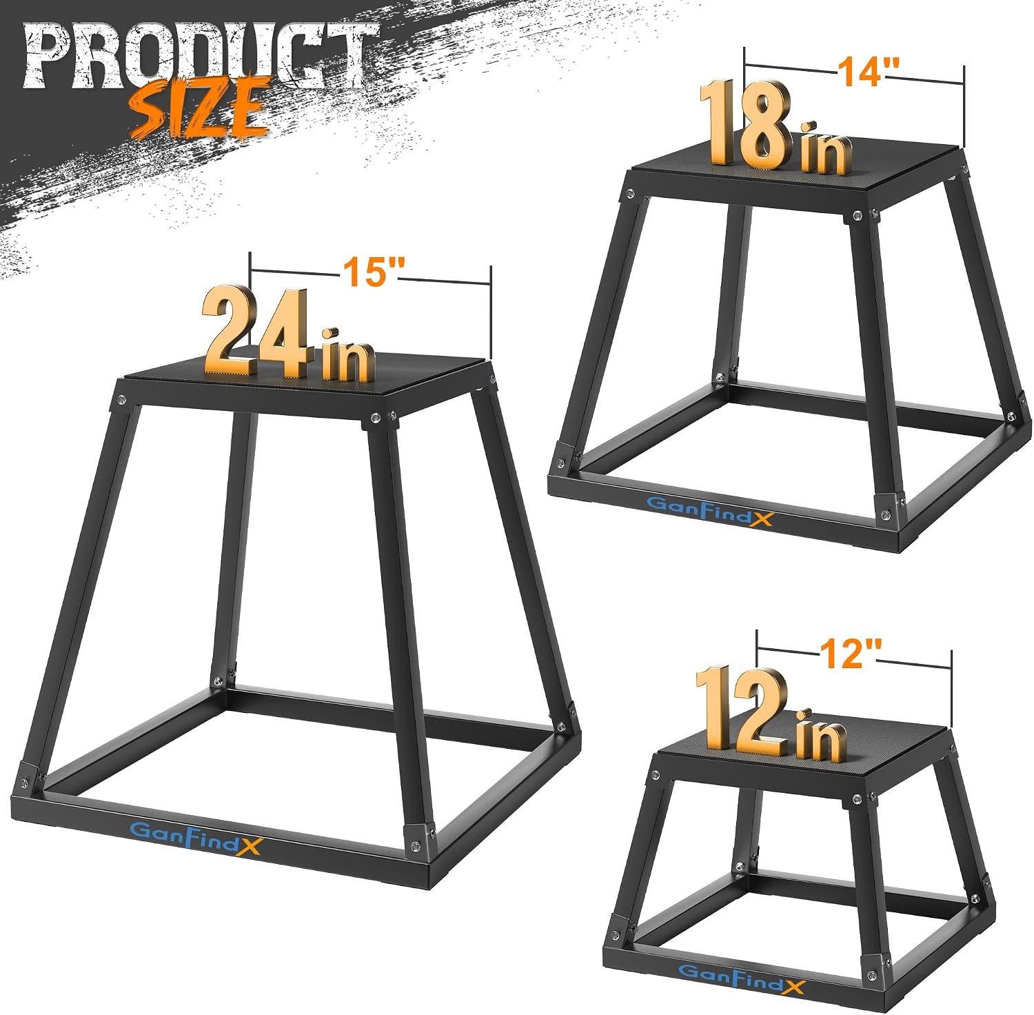 GanFindX Plyometric Jump Box Set, 12/18/24 Inch Steel Plyo Box, Heavy Duty Plyometric Platform with Anti Slip Surface, Fitness Exercise Step Up Box for Home Gym Training, Agility and Strength Conditioning