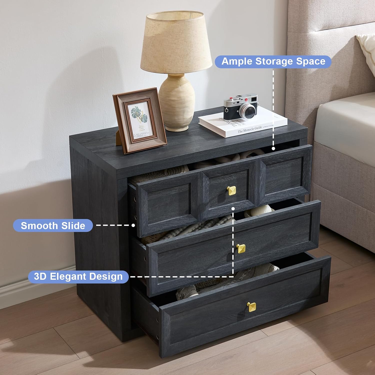 3 Drawers Nightstand W/Charging Station, 30.7' W King Size Bedside Table with 3 Drawers, Accent End Table W/Large Storage, Modern Wood Side Table for Bedroom,Office (1Piece, Gray Black)