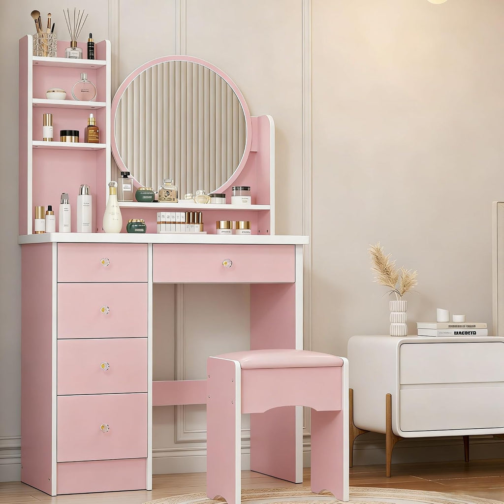 FUFU&GAGA Pink Vanity Set with Round Mirror, Makeup Vanity Bedroom Dressing Table with 5 Drawers, Shelves, Dresser Desk and Cushioned Stool