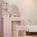 FUFU&GAGA Pink Vanity Set with Round Mirror, Makeup Vanity Bedroom Dressing Table with 5 Drawers, Shelves, Dresser Desk and Cushioned Stool