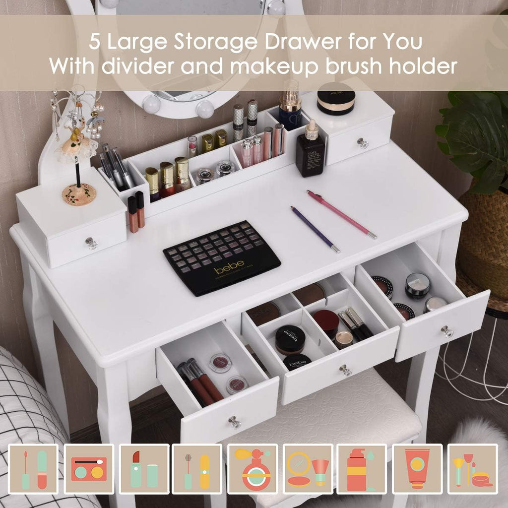 CHARMAID Makeup Vanity Table with Lighted Mirror, Vanity Desk with 10 LED Lights, Adjustable Brightness, 5 Drawers and Removable Storage Organizer, Bedroom Dressing Table with Stool (White)