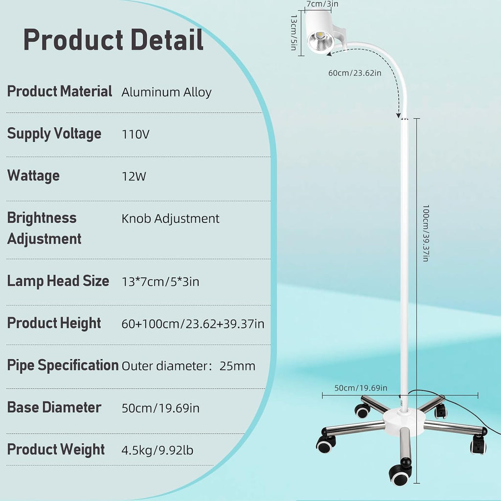 12W LED Medical Examination Light,Mobile Exam Lamp with Stainless Steel 5-Leg Base