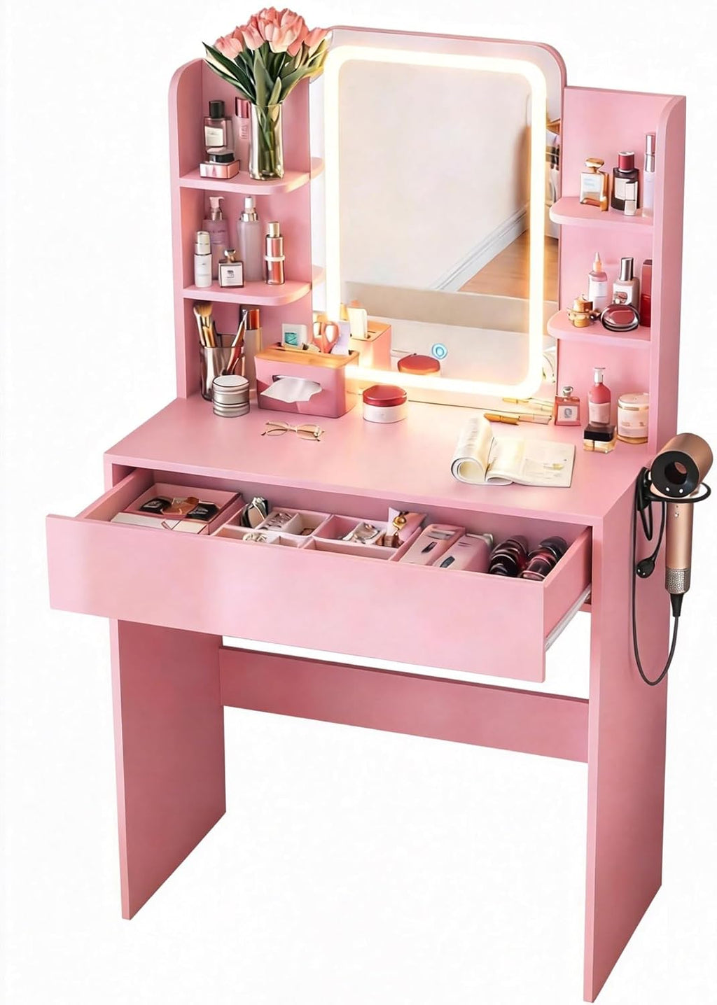 Vanity Desk with Mirror and Lights, Small Makeup Vanity Desk with Storage Drawer,3 Lighting Moders & Adjustable Brightness,Compact Dressing Table with 3-Tier Open Shelf for Girls Women Bedroom(Pink)