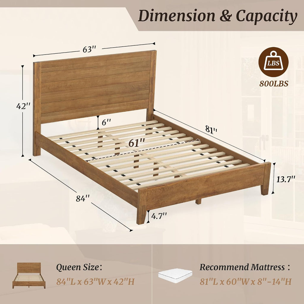 Cozyman Wood Platform Bed Frame Queen Size with Headboard, Camas Queen, Acacia Wood, No Box Spring Needed, Easy Assembly, Dark Wood