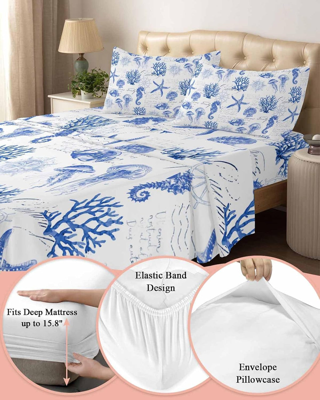Blue Coastal Cal King Sheet Set 4 Piece Bedding - Ocean Nautical Coral Seahorse Starfish Breathable Comfy Cooling Bed Sheets & Pillowcase Sets,Hotel Luxury Flat Sheets Deep Pockets Fitted Sheet