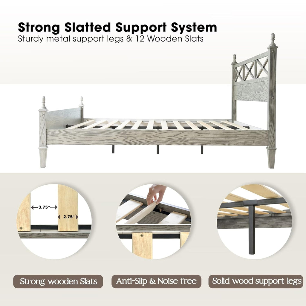 King Size Platform Bed Frame with Solid Wood Headboard & Footboard, 12 Heavy-Duty Slatted, Metal Legs, Anti-Slip & Noise-Free, Easy Assembly, No Box Spring Needed, Weathered Gray Oak Finish RIK-34