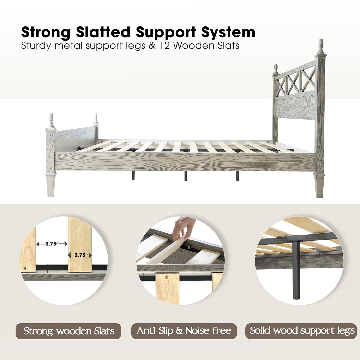 King Size Platform Bed Frame with Solid Wood Headboard & Footboard, 12 Heavy-Duty Slatted, Metal Legs, Anti-Slip & Noise-Free, Easy Assembly, No Box Spring Needed, Weathered Gray Oak Finish RIK-34