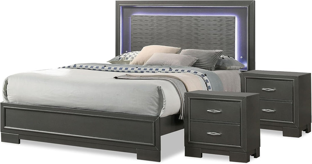 Furniture of America Verdant Modern Wood 3-Piece Bedroom Set with LED Lights in Headboard and Center Metal Glides, No Box Spring Required for Bedroom, Full, Metallic Gray