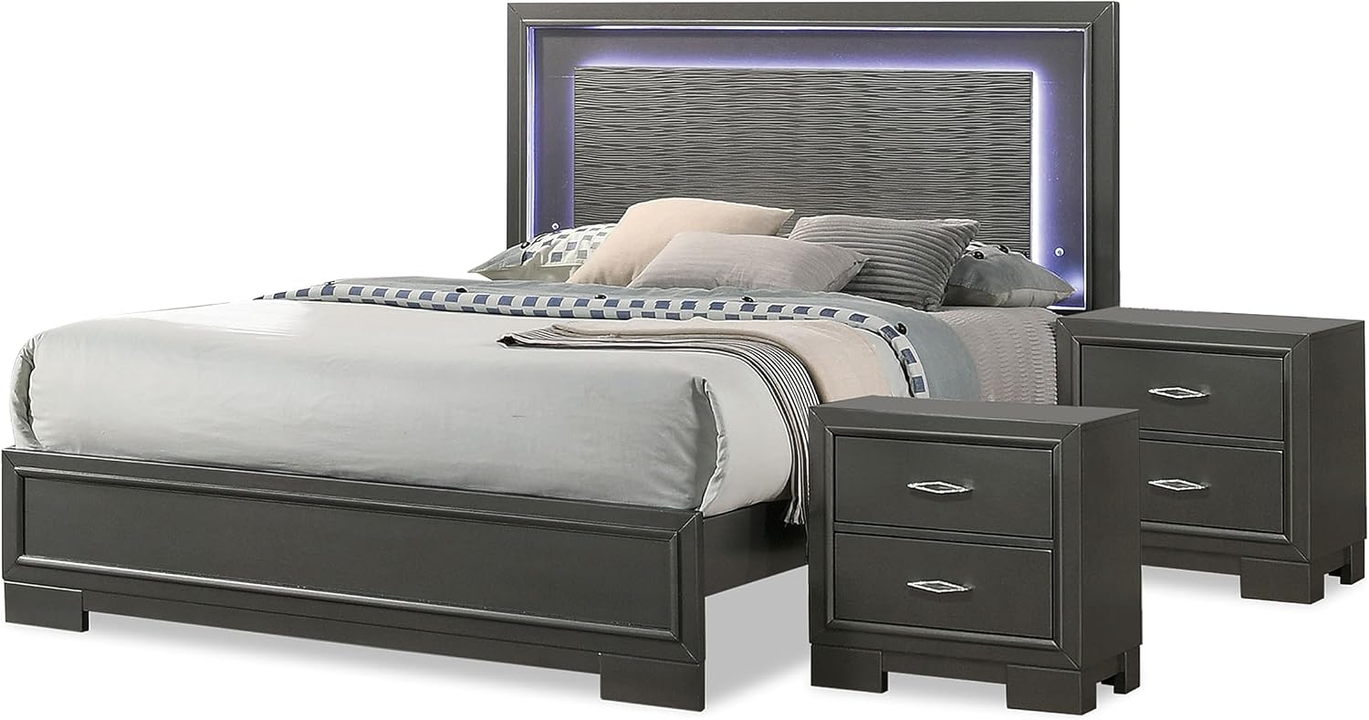 Furniture of America Verdant Modern Wood 3-Piece Bedroom Set with LED Lights in Headboard and Center Metal Glides, No Box Spring Required for Bedroom, Full, Metallic Gray