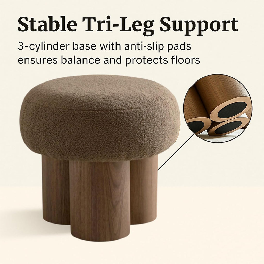 Living Room Ottoman Foot Stool, 17' Round Mid Century Modern Ottoman with Bouclé Teddy Fabric & Solid Wood Legs, Entryway Foot Rest for Couch, Vanity Seat, Bedroom Bench (Camel)