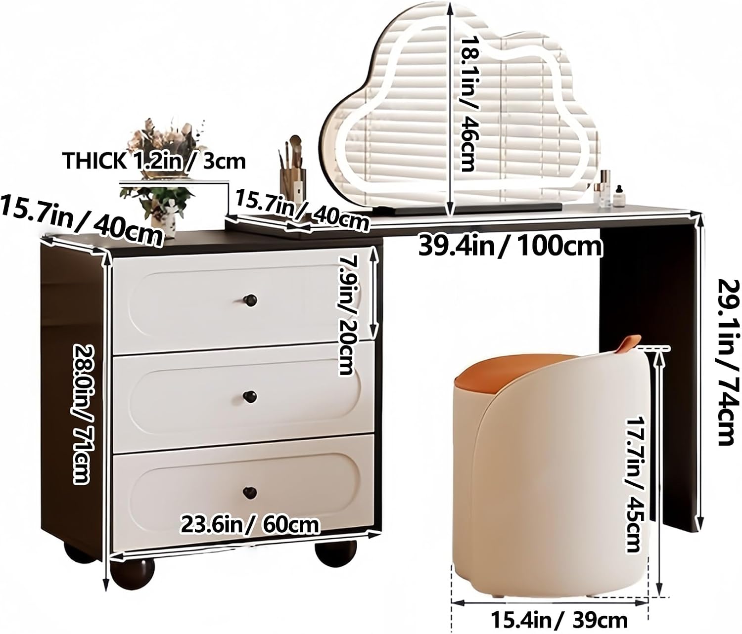 Vanity Desk Table with 3 Color Lighted Cloud-Shaped Smart Makeup Mirror, Corner Dresser Wide Tabletop with Retractable Design, Drawers Chest Installed Left or Right(White,W/CHR,23.6in)