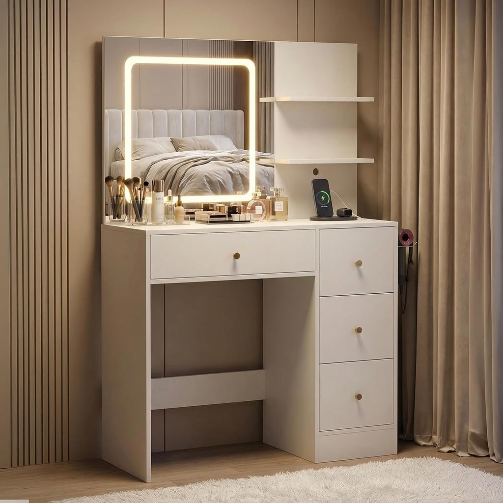 Makeup Vanity Desk with Mirror and Lights, 37' White Vanity Desk with Power Outlet & USB, 3 Modes Dimmable LED Mirror with 4 Drawers, Modern Vanity Table for Bedroom