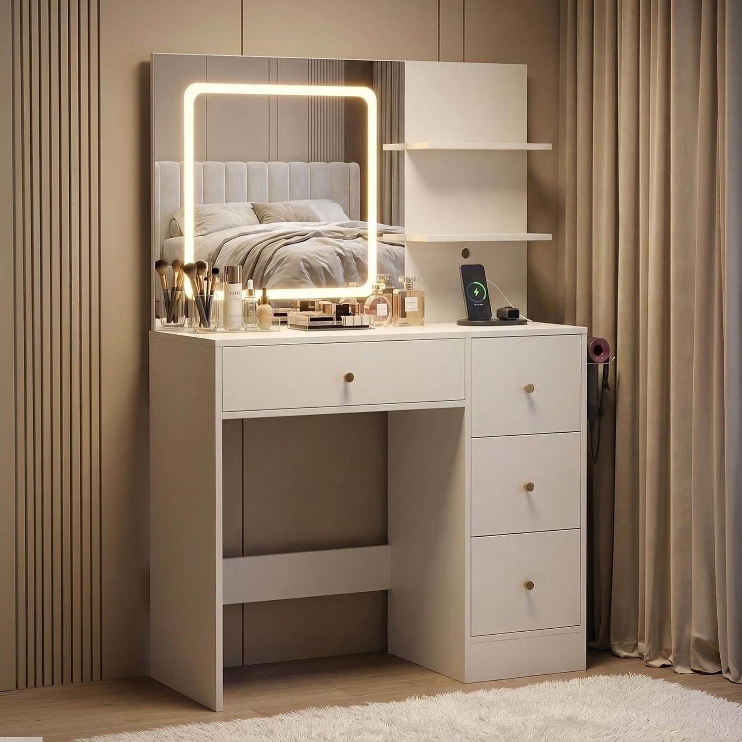 Makeup Vanity Desk with Mirror and Lights, 37' White Vanity Desk with Power Outlet & USB, 3 Modes Dimmable LED Mirror with 4 Drawers, Modern Vanity Table for Bedroom
