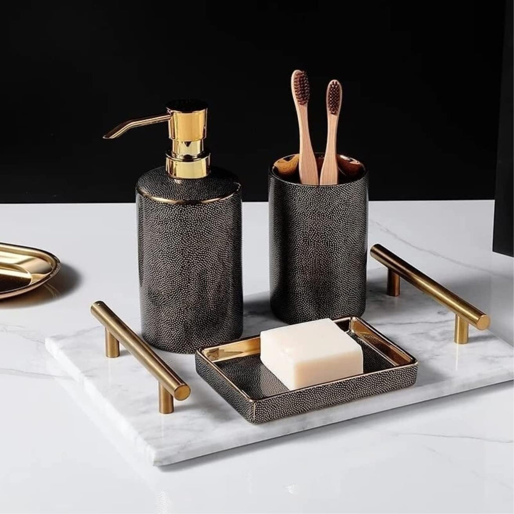 Vanity Bathroom Decor, Bathroom Accessories Sets Light Luxury Ceramics Bathroom Deco Accessroy Set Bathroom Accessories Housewarming Gift(Black,4pcs)