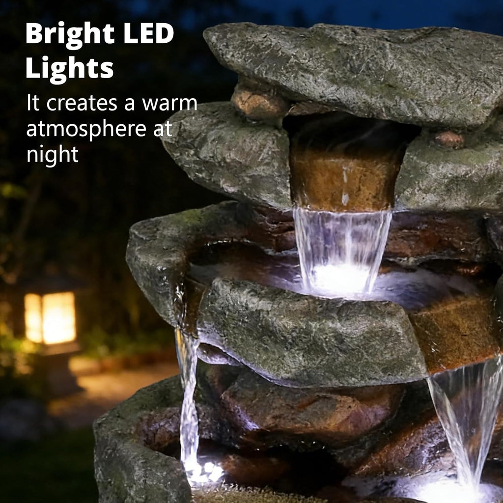 Naturefalls 40.55inches High Outdoor Rock Water Fountain with LED Lights - 6-Tiers Poly-Resin Cascading Waterfall Fountain for Garden, Patio, Yard, Home Decor