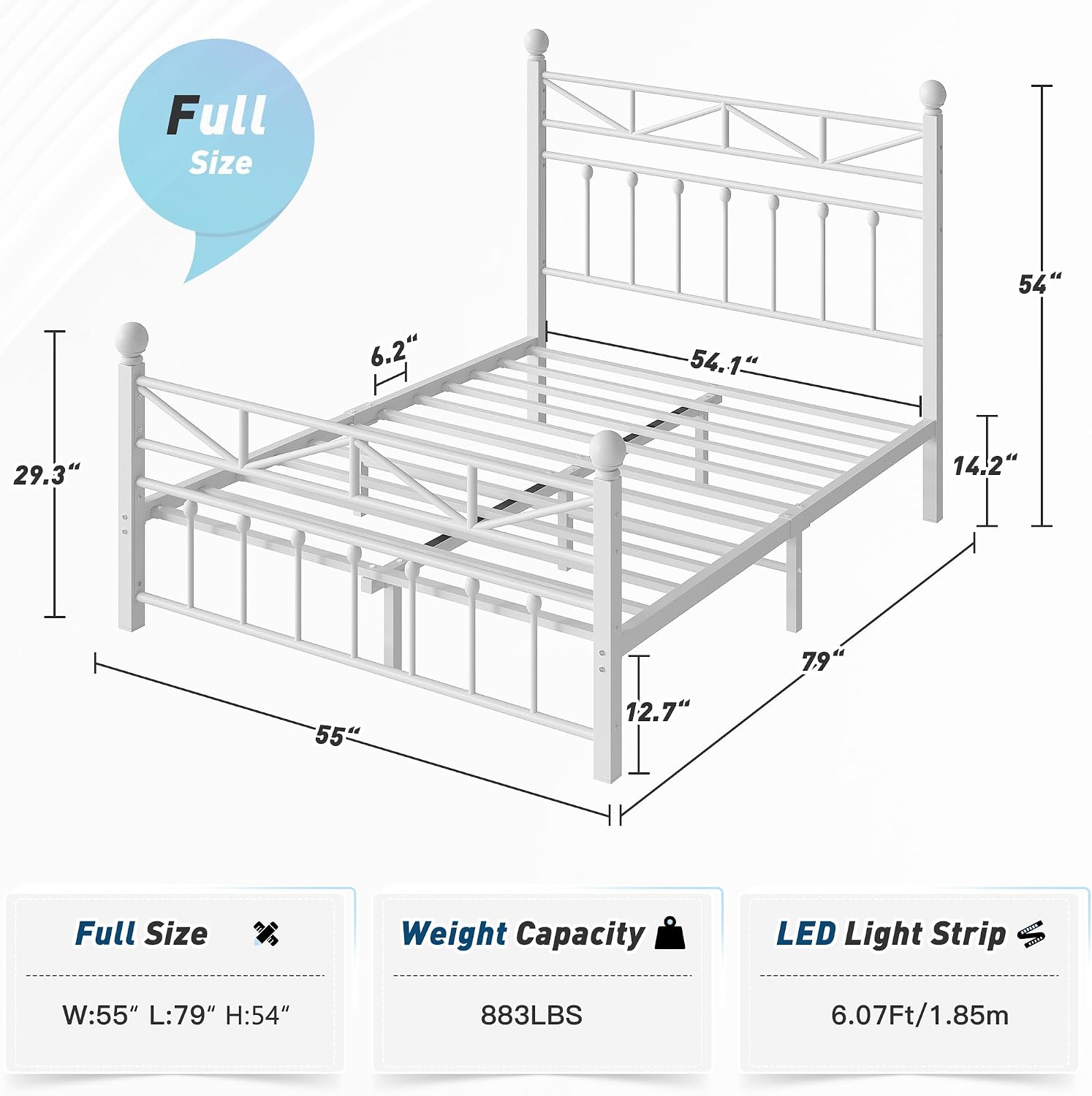EnHomee 14.2' Metal Full Size Bed Frame with Tall Headboard & Footboard, LED Light Full Bed Frame, Strong Metal Slats Support and Noise-Free Design with Under Bed Storage/No Box Spring Needed/White