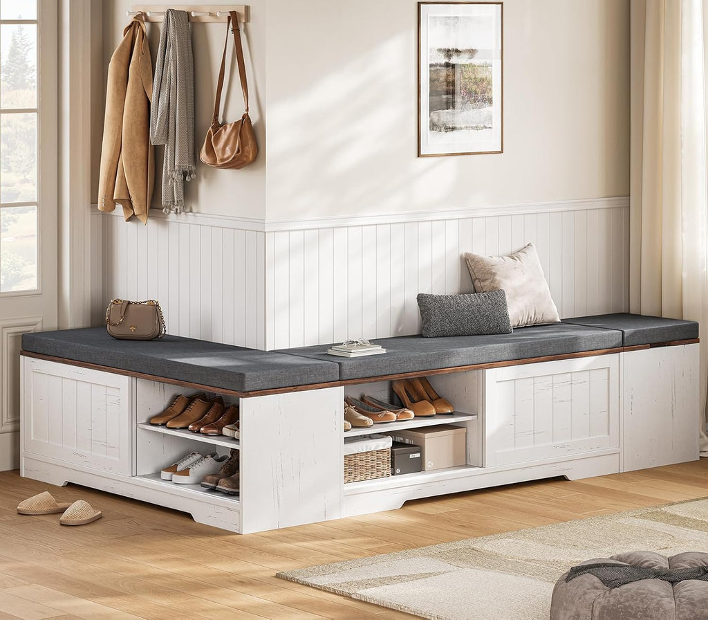 UPOSOJA Farmhouse L Shaped Corner Shoe Storage Bench with Cushion Entryway Shoe Rack with Slide Barn Doors, Adjustable Shelf and 1 Cabinet for Entryway Dining Room, Kitchen, Bedroom (White-Brown)