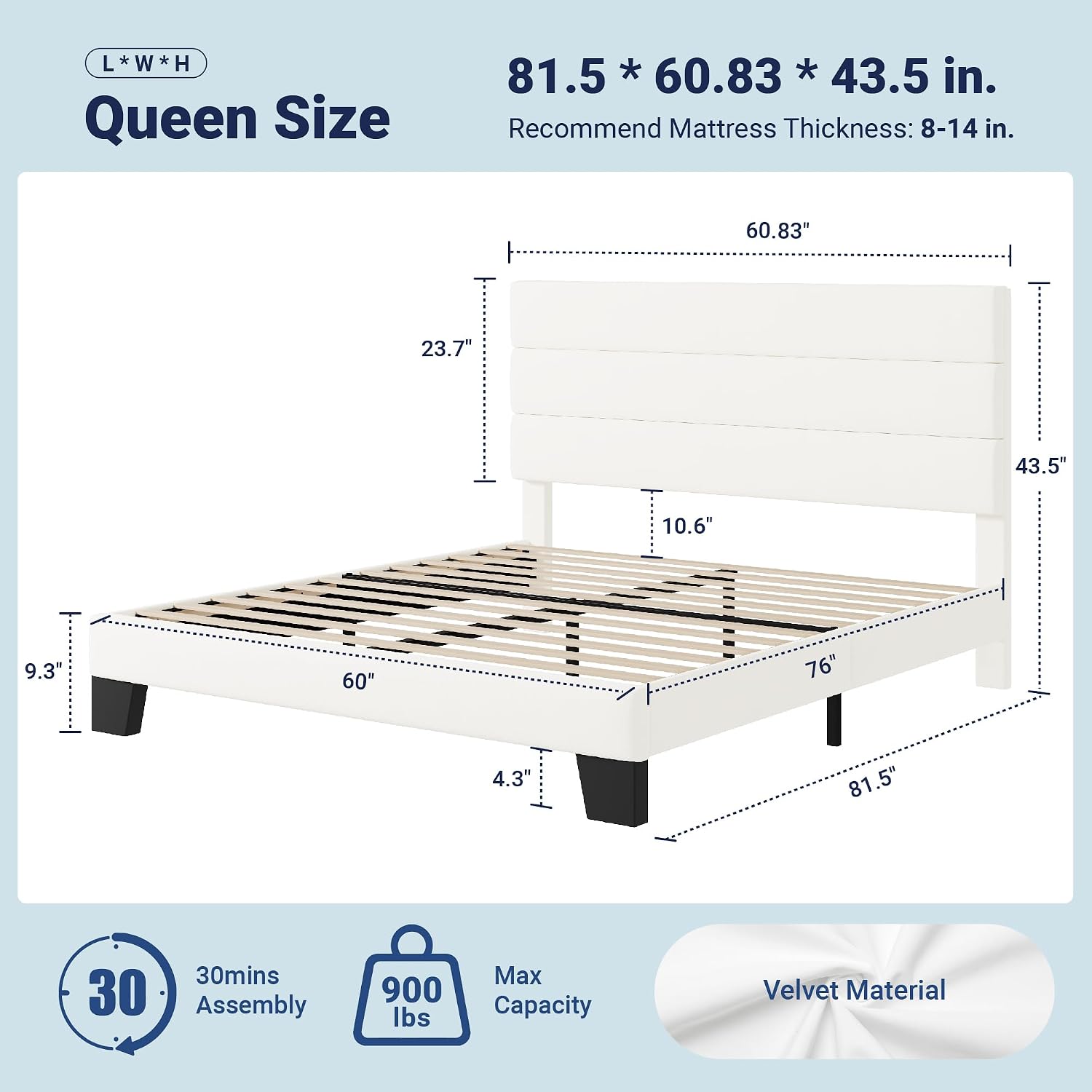 Allewie Queen Size Platform Bed Frame with Velvet Upholstered Headboard and Wooden Slats Support, Fully Mattress Foundation/No Box Spring Needed/Easy Assembly, White