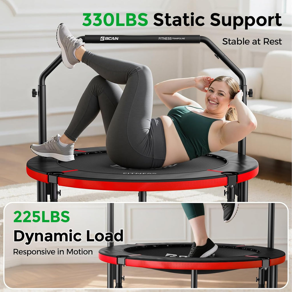 BCAN SP2 40/48' Foldable Mini Trampoline Max Load 330lbs/440lbs, Fitness Rebounder with Adjustable Foam Handle, Exercise Trampoline for Adults Indoor/Garden Workout | FED Fitness