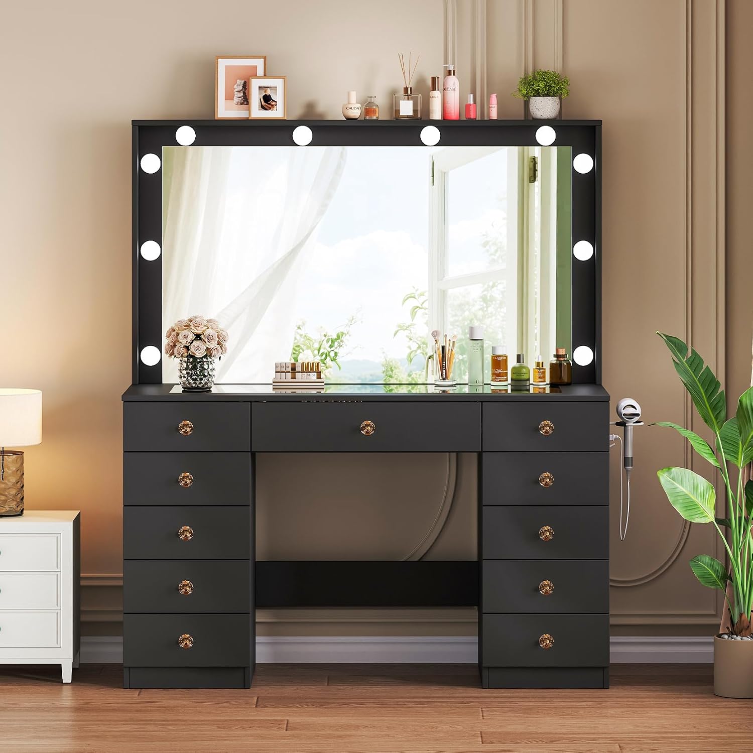 Vanity with Large Mirror and 10 LED Lights, Vanity Desk with Glasss Top, Makeup Desk with 11 Drawers & Power Outlet & Hair Dryer Stand, Dressing Table with Crystal Handles for Girls, Women (Black)