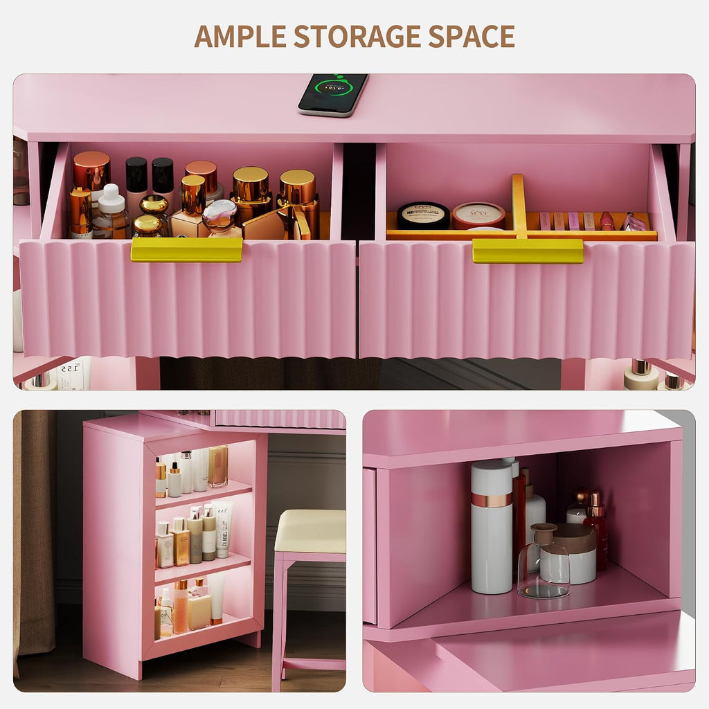 Vanity Desk with Charging Station & LED Lights Mirror – Corner Design HD Triple Mirror Makeup Vanity Table Set with Storage Drawers & Chair for Living Room/Bedroom Ideal Gift (Pink)