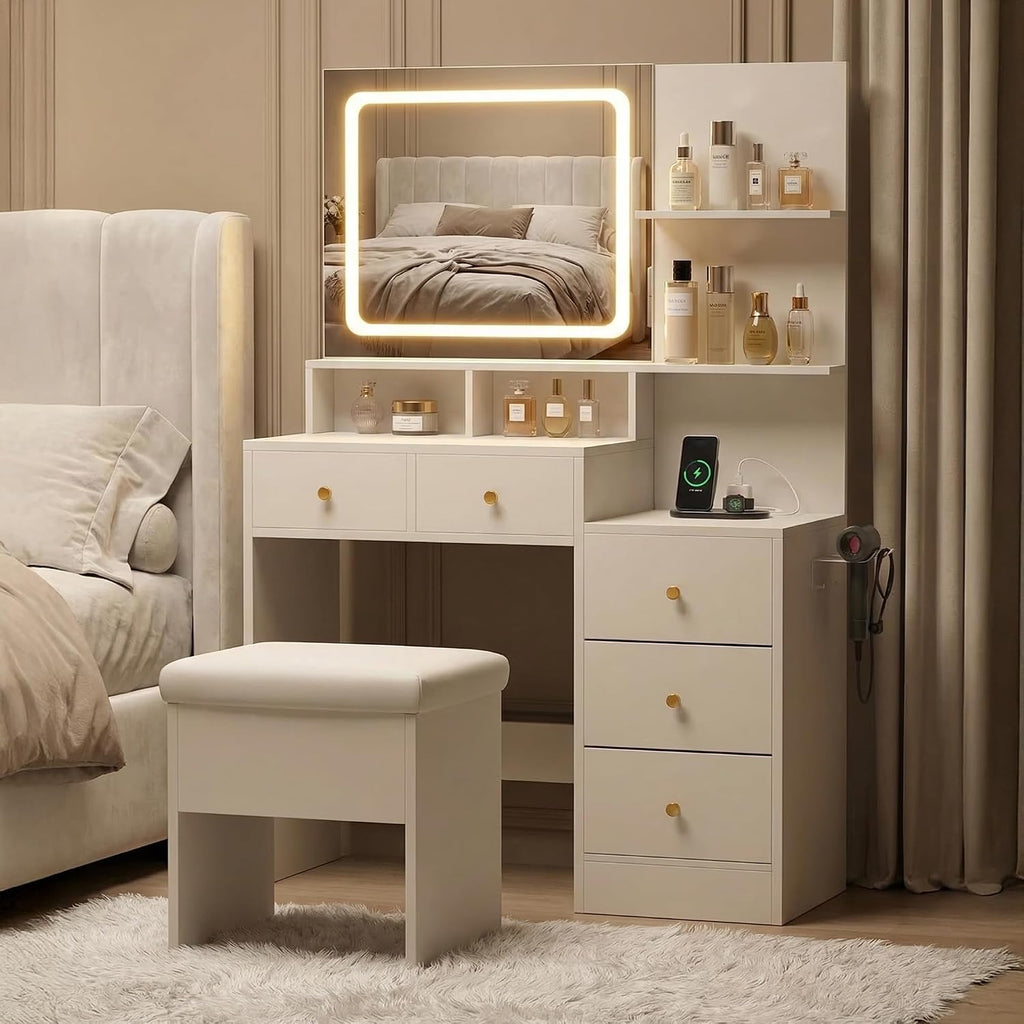 Vanity Desk with Mirror & Lights, Makeup Vanity with 5 Drawers & Cushion Stool, White Vanity Table, 3 Color Modes & Adjustable Brightness, Built-in Power Outlet