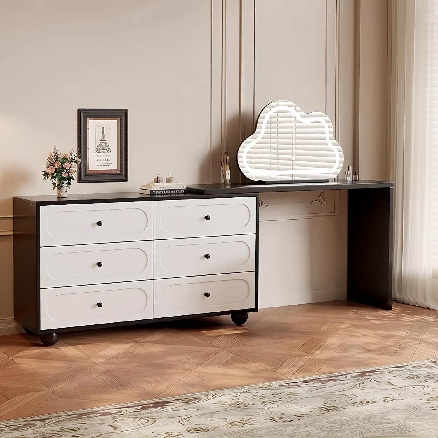Vanity Desk Table with 3 Color Lighted Cloud-Shaped Smart Makeup Mirror, Corner Dresser Wide Tabletop with Retractable Design, Drawers Chest Installed Left or Right(Walnut,W/CHR,23.6in)