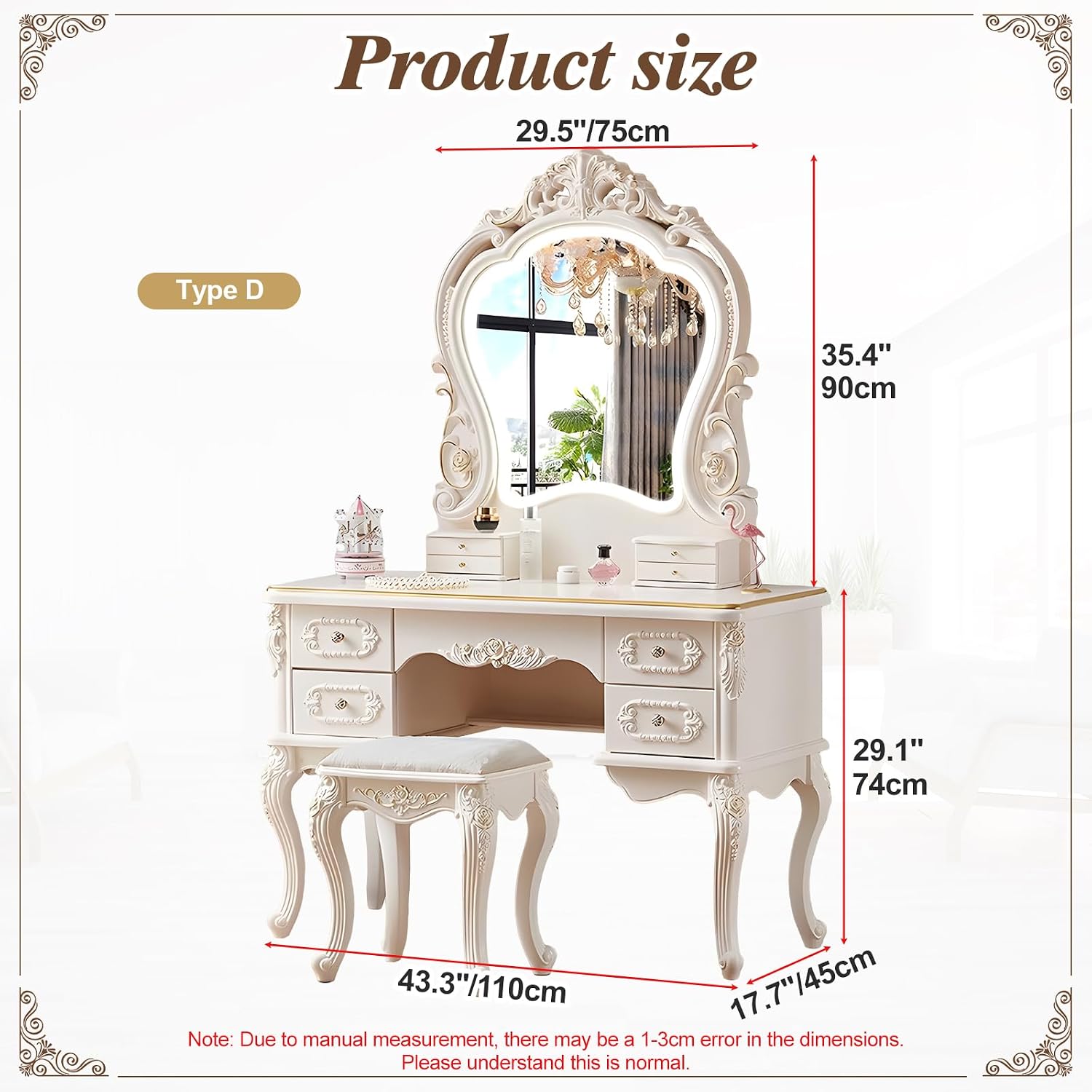 Mid Century Vanity Table with Mirror and Stool, Makeup Vanity Desk with Lights and Drawers for Jewelry & Cosmetics, Vintage European Vanities & Vanity Benches for Bedroom,Widths: 43.3'