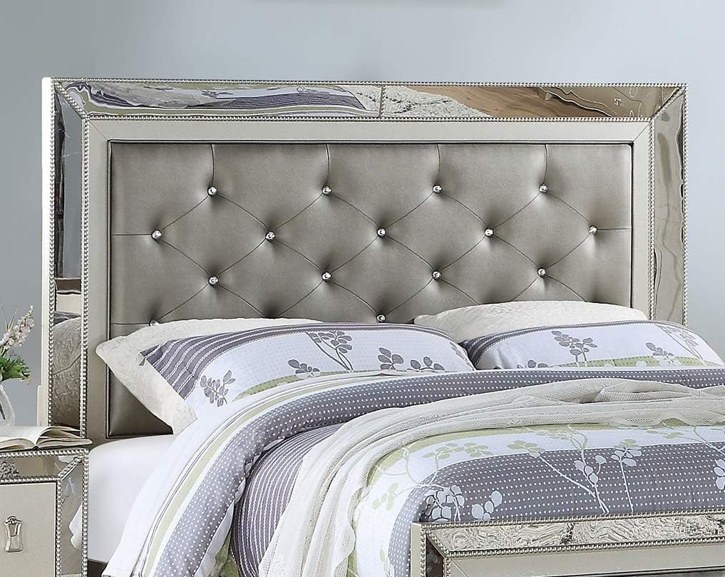 Antique Traditional Bedroom Silver Finish 1pc Bed Set Furniture Button Tufted Headboard Footboard Mirrored Accent (California King)