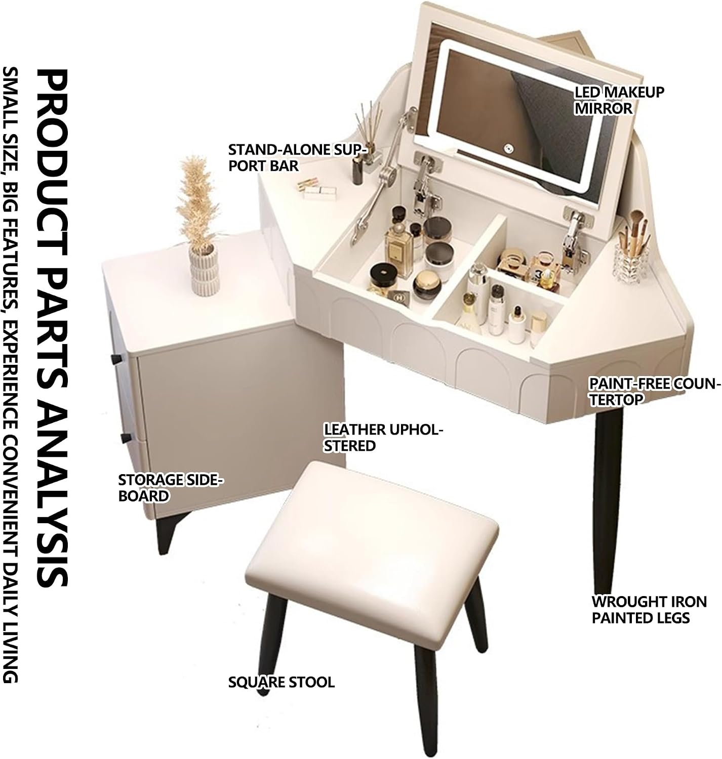 Modern Flip Top Vanity Table with LED Mirror and Drawers, Corner Dresser with Side Storage Cabinet in Small Space, Makeup Desk with Ergonomic Chair(Gray,W/CHR-B)