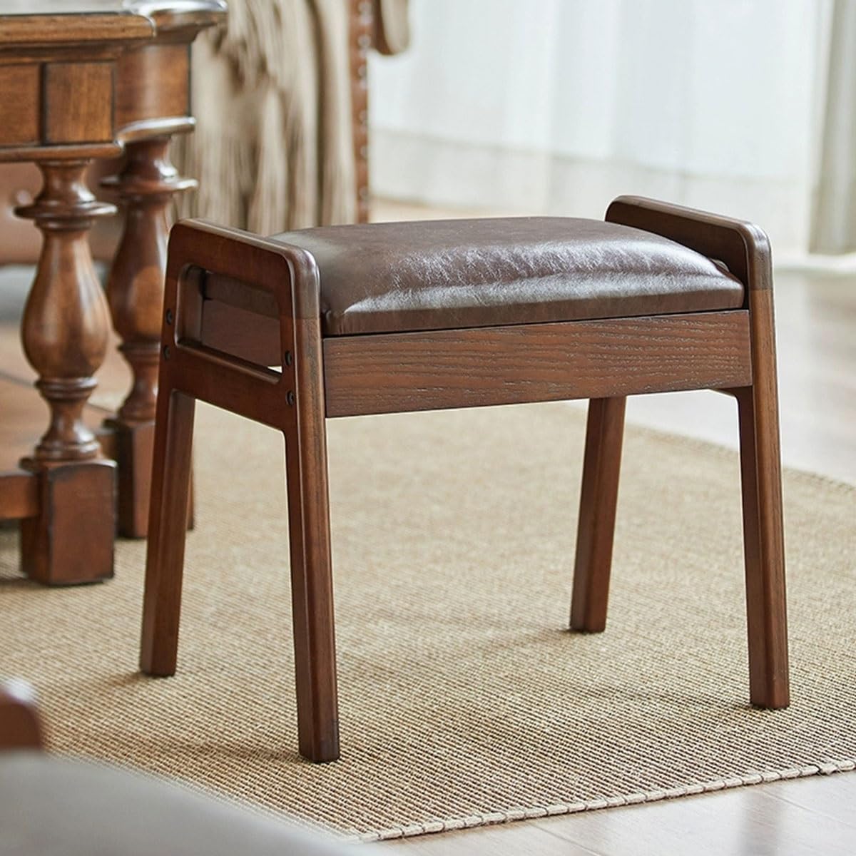 Shoe Bench, PU Vanity Stool Seatwith Wood Legs, for Entry, Hallway, Living Room, Bedroom, Walk-in Closet