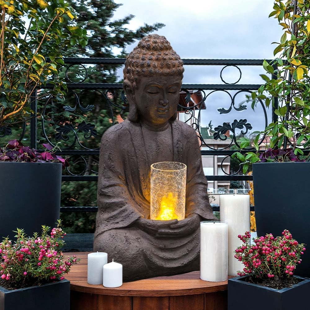 24' H Buddha Water Fountain Sitting Buddha Zen Fountain with Glass Cover and LED Light Meditation Indoor/Outdoor Decor for Garden Patio Yard Home Lawn
