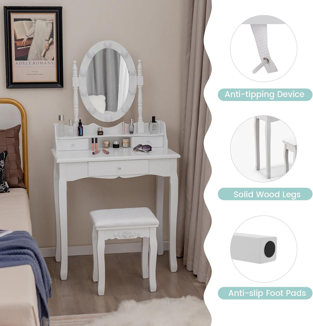 GOFLAME Vanity Table Set with Rotatable Mirror, Makeup Vanity Desk with 3-Color Dimmable LED Lights, 3 Drawers and Cushioned Stool, Dressing Table Set for Bedroom Studio (White)