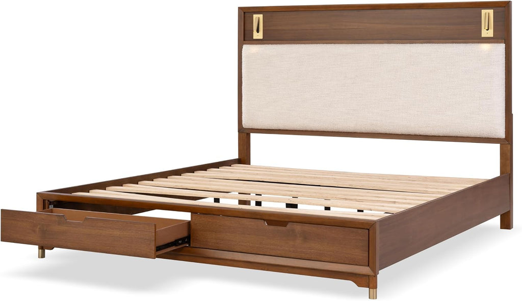 Furniture of America Forma Mid-Century Modern Solid Wood 2-Piece Bedroom Collection, Storage Bed Frame with LED Reading Light and Nightstand with Power Ports, No Box Spring Needed, Walnut, King