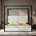 LUMISOL King Size Metal Canopy Bed Frame, 4 Poster Bed with Tall Upholstered Headboard, Velvet Upholstered Canopy Platform Bed, No Box Spring Needed, Black + White