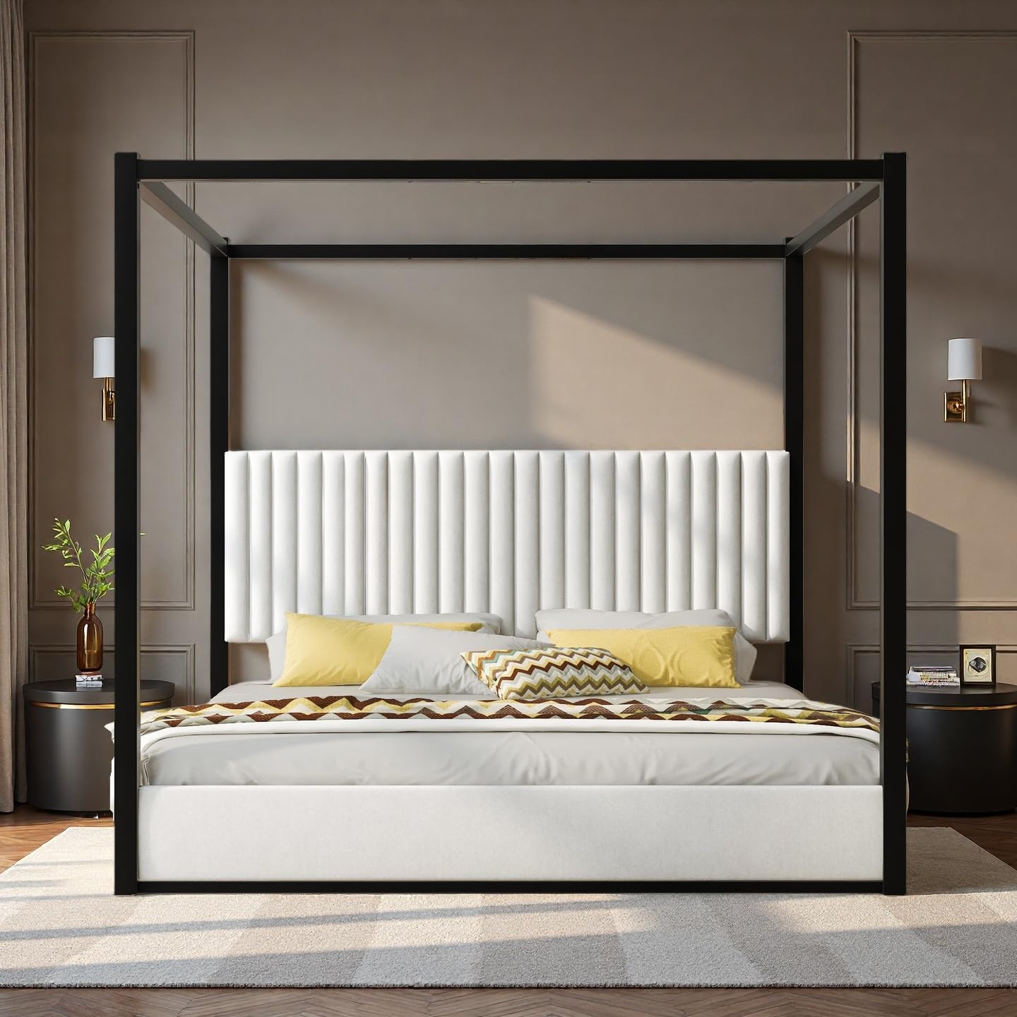 LUMISOL King Size Metal Canopy Bed Frame, 4 Poster Bed with Tall Upholstered Headboard, Velvet Upholstered Canopy Platform Bed, No Box Spring Needed, Black + White