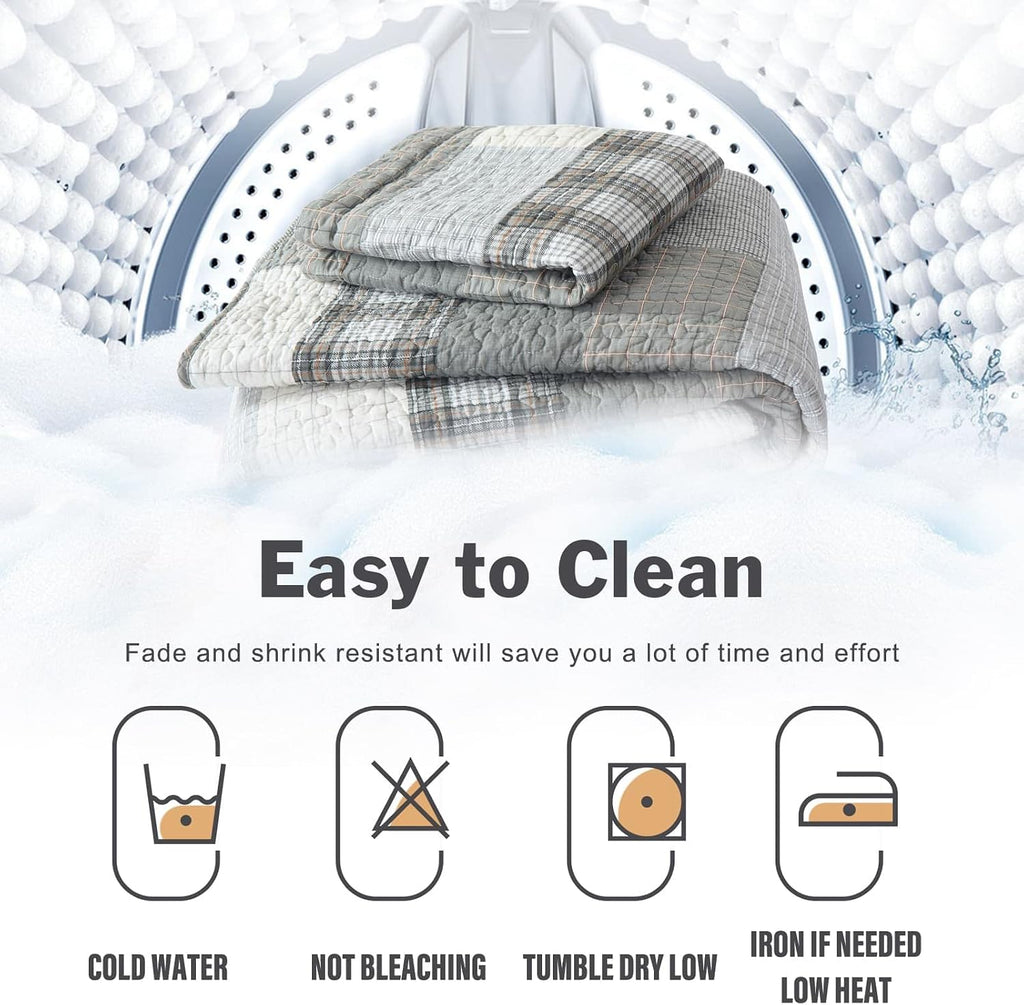 Y-PLWOMEN 100% Cotton King Size Quilt Sets - Soft Plaid King Bedspread, Farmhouse Rustic Lightweight Quilt Bedding Set for All Season, 3-Pieces