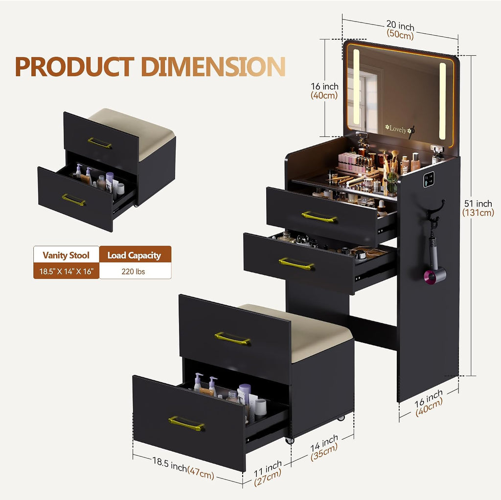 3 in 1 Vanity Desk with Flip up Mirror and Lights, Glass Top Makeup Vanity Table with Charging Station,LED Compact Dressing Table with 3 Drawer and Wheel Storage Stool for Bedroom(Black)
