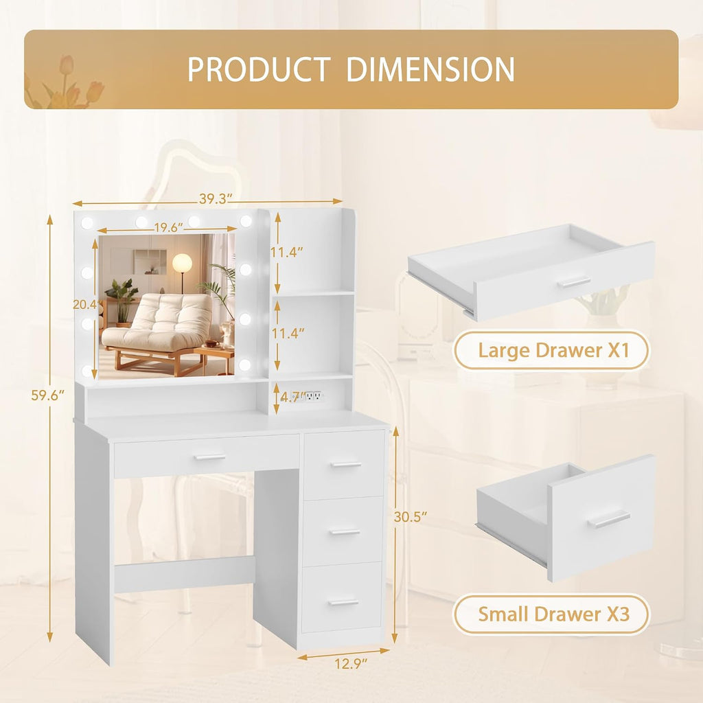 Furmax Vanity Desk with LED Lighted Mirror&Power Outlet, 39.3'' Makeup Vanity Table with 4 Drawers and 3 Storage Shelves, Adjustable 3 Lighting Colorfor Bedroom&Dressing Room (White)