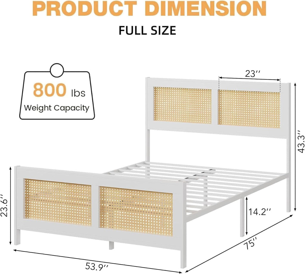 IDEALHOUSE Rattan Bed Frame with Headboard, Boho Full Size Bed Frame with Strong Metal Slats Support, No Box Spring Needed, Noise-Free Design, White
