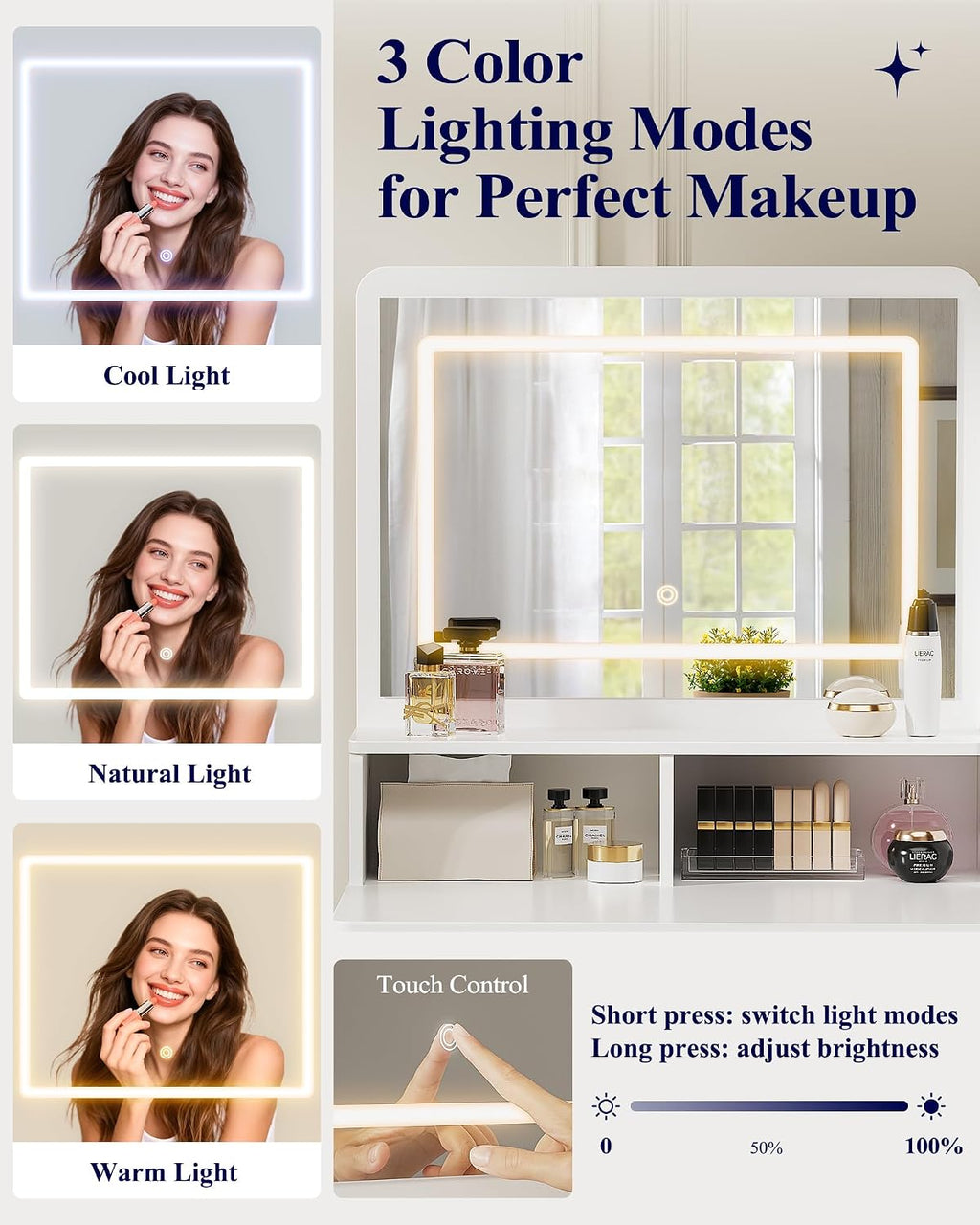 Kitsure Vanity Desk with Mirror and Lights - Large Capacity Makeup Vanity with 4 Fabric Storage Drawers & 3 Lighting Modes, Vanity Table Set with Sturdy Metal Frame for Bedroom, White, 35' x 17' x 52'