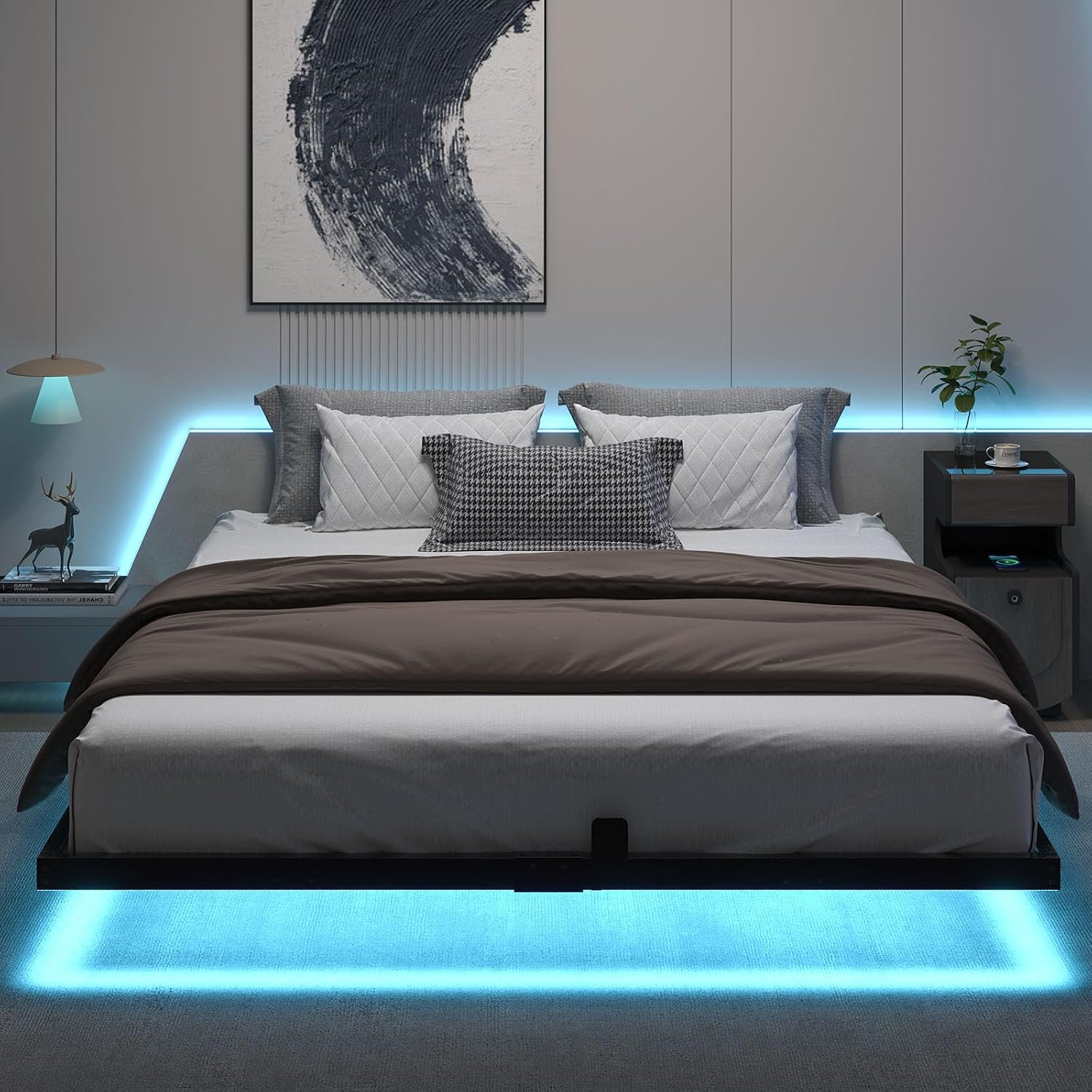 HOMBCK Floating Bed Frame King with LED Lights, Industrial Style Metal Bed Frame, No Box Spring Needed, Easy to Assemble, Noise Free