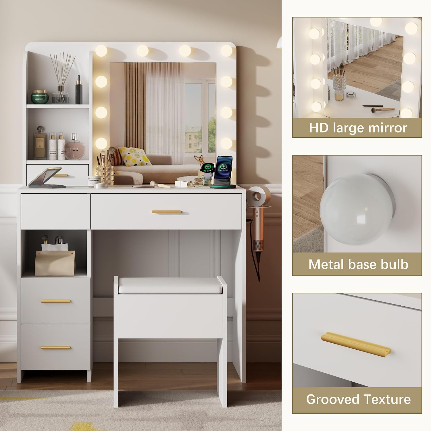 Vanity Desk with Mirror and Lights, 3 Adjustable Lighting Makeup Vanity Desk with 3 Storage Shelves, 5 Large Drawers and Power Outlet, Vanity with Chair for Bedroom, White