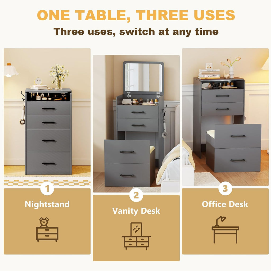 3 in 1 Make Vanity Desk with Flip Top Mirror,Glass Top Makeup Vanity Table with Cushioned Stool,Small Dressing Table with 3 Drawers,Compact Vanity Set for Apartment,Dormitory(Grey)