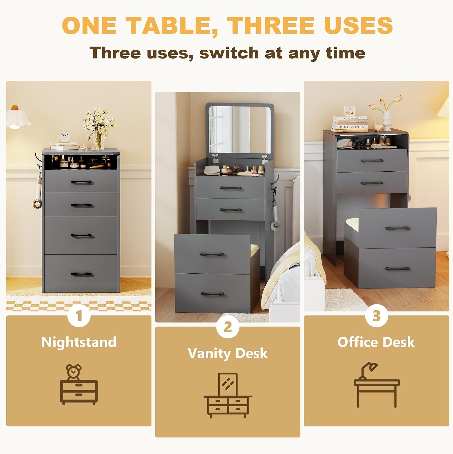 3 in 1 Make Vanity Desk with Flip Top Mirror,Glass Top Makeup Vanity Table with Cushioned Stool,Small Dressing Table with 3 Drawers,Compact Vanity Set for Apartment,Dormitory(Grey)